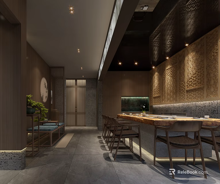 Traditional Chinese Private Room Interior With Wooden Long Table And Decorative Wall Panels 3d model 