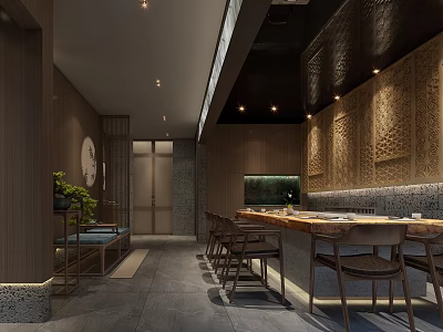 Traditional Chinese Private Room Interior With Wooden Long Table And Decorative Wall Panels 3d model