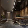 Traditional Chinese Private Room Interior With Wooden Long Table And Decorative Wall Panels
