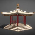 Chinese Traditional Pavilion With Red Pillars White Roof Golden Decorations And Stepped Base
