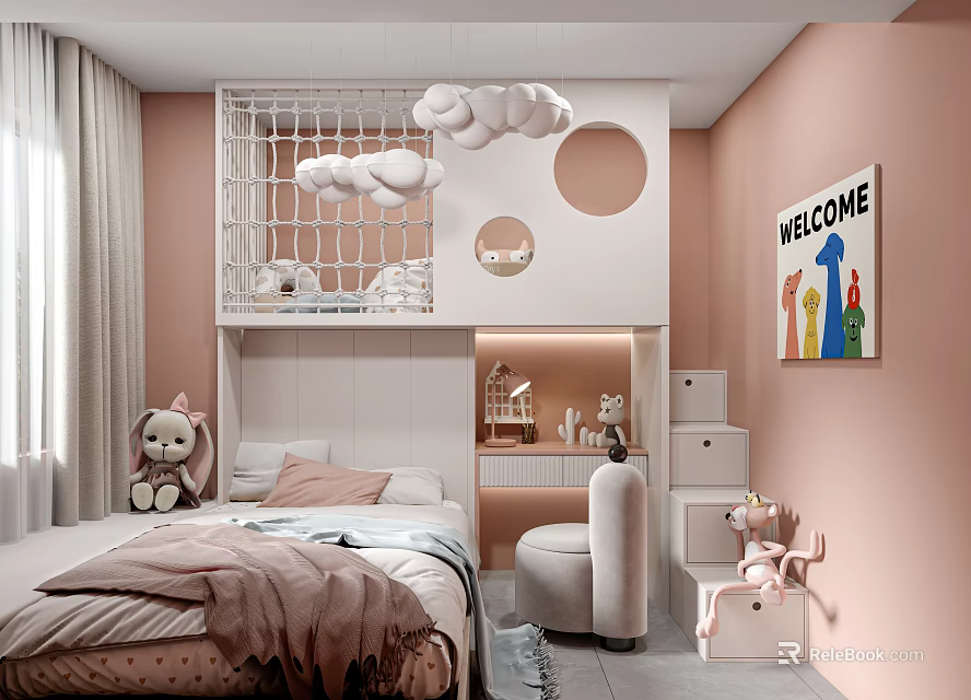 Kids Room Interior With Pink Walls Loft Bed Cloud Decor Stairs And Stuffed Toys 3d model 