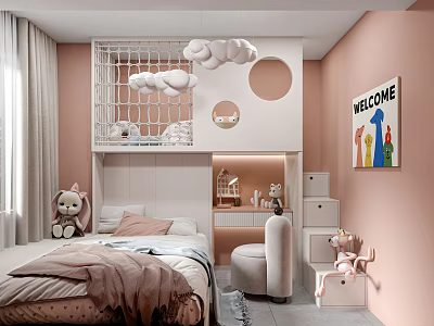 Kids Room Interior With Pink Walls Loft Bed Cloud Decor Stairs And Stuffed Toys 3d model