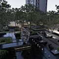 Modern Residential Garden Landscape With High Rise Buildings Green Plants And Entrance Driveway