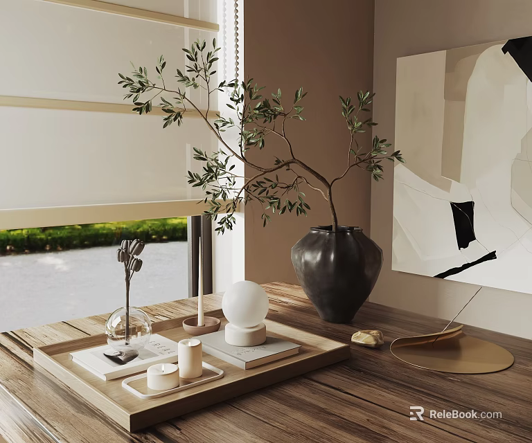 Tabletop Decorative Ornament Set With Olive Branch Black Vase Wooden Tray And White Sphere 3d model 