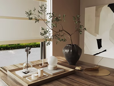 Tabletop Decorative Ornament Set With Olive Branch Black Vase Wooden Tray And White Sphere 3d model
