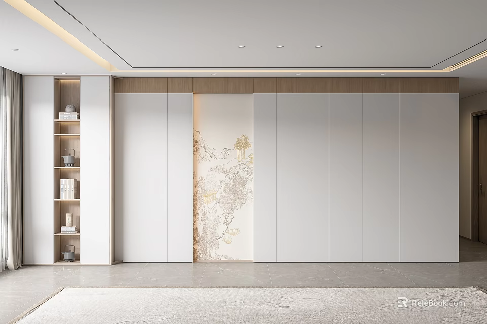 Modern Sofa Backdrop Wall Design With Wooden Panels White Surfaces And Decorative Art 3d model 