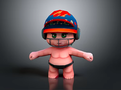 3D Game Movie Character with Blue Helmet Red Logo Green Eyes Pink Body Standing Pose 3d model