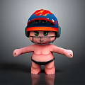 3D Game Movie Character with Blue Helmet Red Logo Green Eyes Pink Body Standing Pose