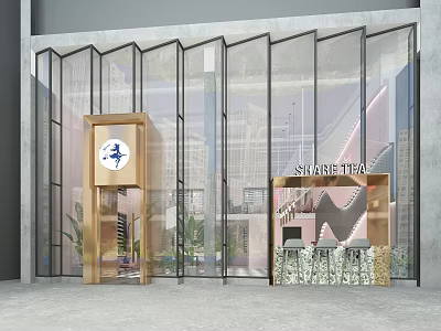 Modern Staircase in Glass Curtain Wall Building with Golden Frame and Indoor Plants 3d model