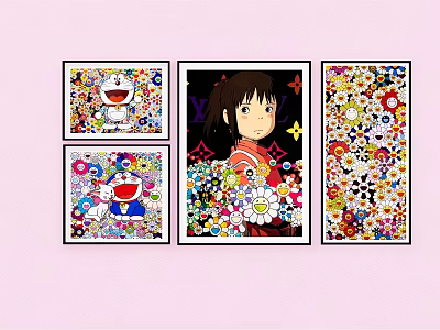 Vibrant Character Painting With Colorful Flowers And Cartoon Figures On Pink Background 3d model