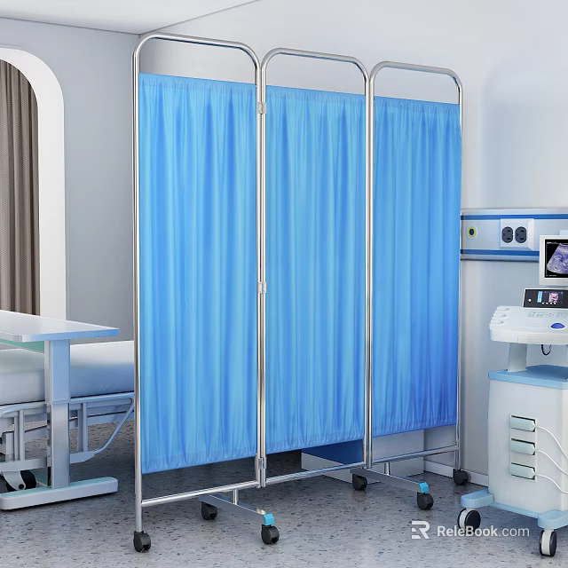 Three Panel Blue Medical Screen With Metal Frame For Hospital Use 3d model 