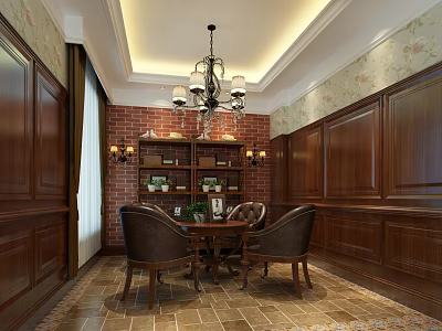 Elegant Leisure Area Interior Featuring Wooden Walls Brick Wall Chandelier Bookshelf and Table Chairs 3d model