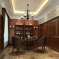 Elegant Leisure Area Interior Featuring Wooden Walls Brick Wall Chandelier Bookshelf and Table Chairs