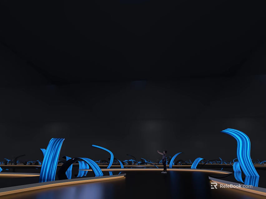 Blue Glowing Curved Art Installation In Dark Space With Reflective Floor And Human Figure 3d model 