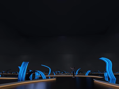 Blue Glowing Curved Art Installation In Dark Space With Reflective Floor And Human Figure 3d model