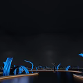 Blue Glowing Curved Art Installation In Dark Space With Reflective Floor And Human Figure