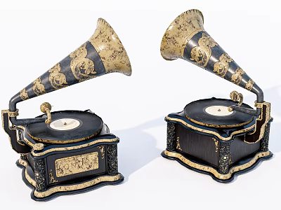 Vintage Gramophones With Horn Shaped Speakers Black Gold Decorations And Ornate Bases 3d model