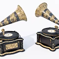 Vintage Gramophones With Horn Shaped Speakers Black Gold Decorations And Ornate Bases