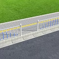 Road Infrastructure White Guardrail With Blue Vertical Strips Gray Concrete Base And Green Grass Background