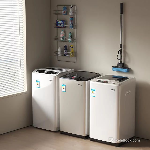 Three White Washing Machines In Laundry Room With Wall Mounted Shelf And Cleaning Supplies 3d model 