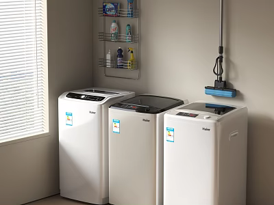 Three White Washing Machines In Laundry Room With Wall Mounted Shelf And Cleaning Supplies 3d model