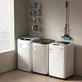 Three White Washing Machines In Laundry Room With Wall Mounted Shelf And Cleaning Supplies