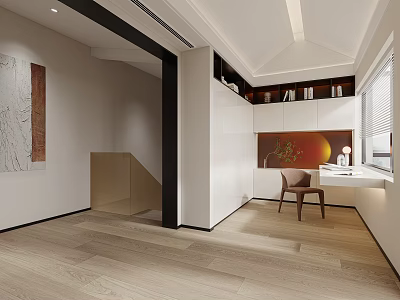Modern Study Room Interior With White Cabinets Bookshelves Writing Desk And Wooden Flooring 3d model