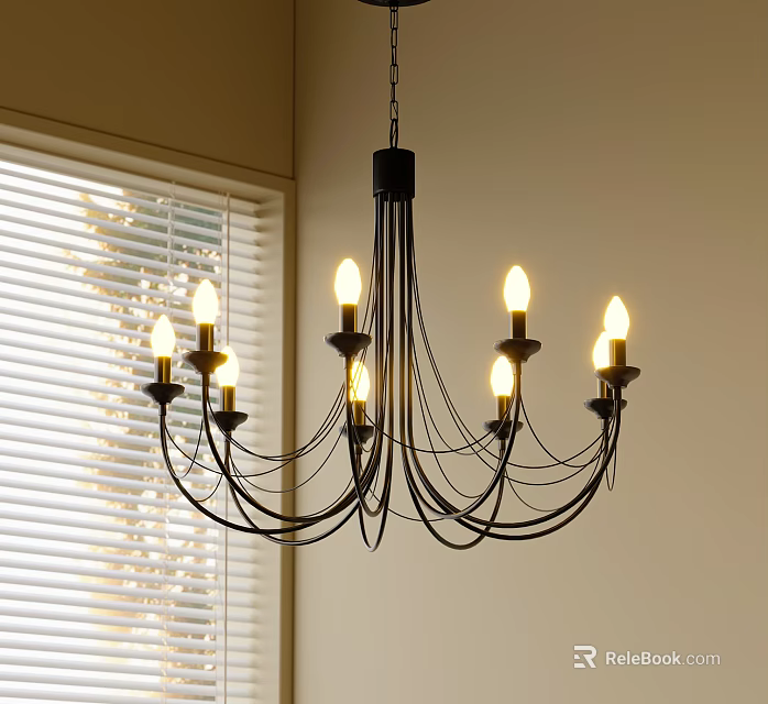 Modern Black Metal Chandelier With Multiple Bulbs And Warm Light Near Window 3d model 