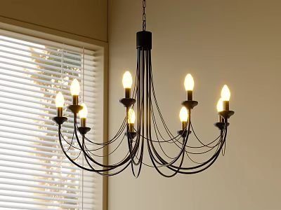 Modern Black Metal Chandelier With Multiple Bulbs And Warm Light Near Window 3d model
