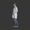 A Man Wearing White Lab Coat With Stethoscope ID Badge Jeans And Gray Shoes