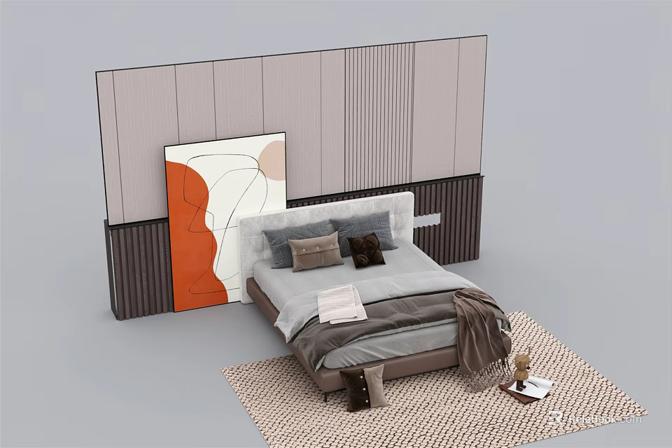 Modern Background Double Bed Interior Design With Striped Panel Wall Gray Bedding And Woven Rug 3d model