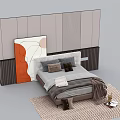 Modern Background Double Bed Interior Design With Striped Panel Wall Gray Bedding And Woven Rug 3d model