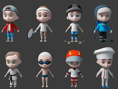 Cartoon Characters In Diverse Sports Outfits And Professional Roles Design Set 3d model