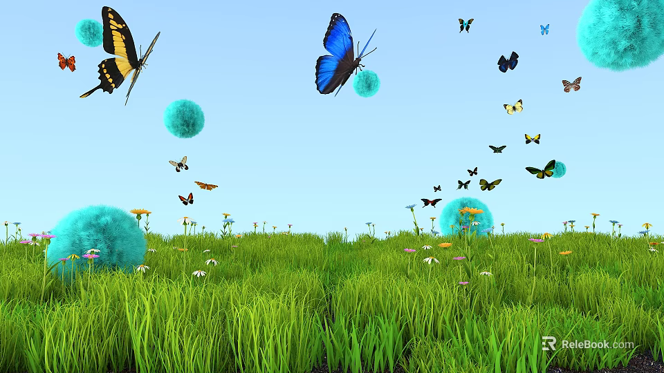 Vibrant Green Meadow With Colorful Flowers And Fluttering Butterflies Under Blue Sky 3d model 