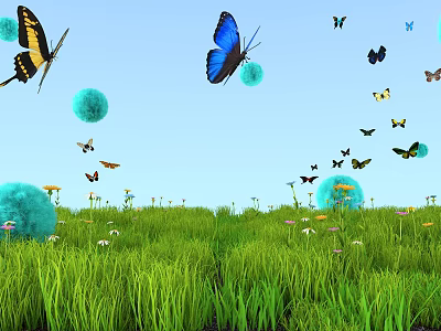 Vibrant Green Meadow With Colorful Flowers And Fluttering Butterflies Under Blue Sky 3d model