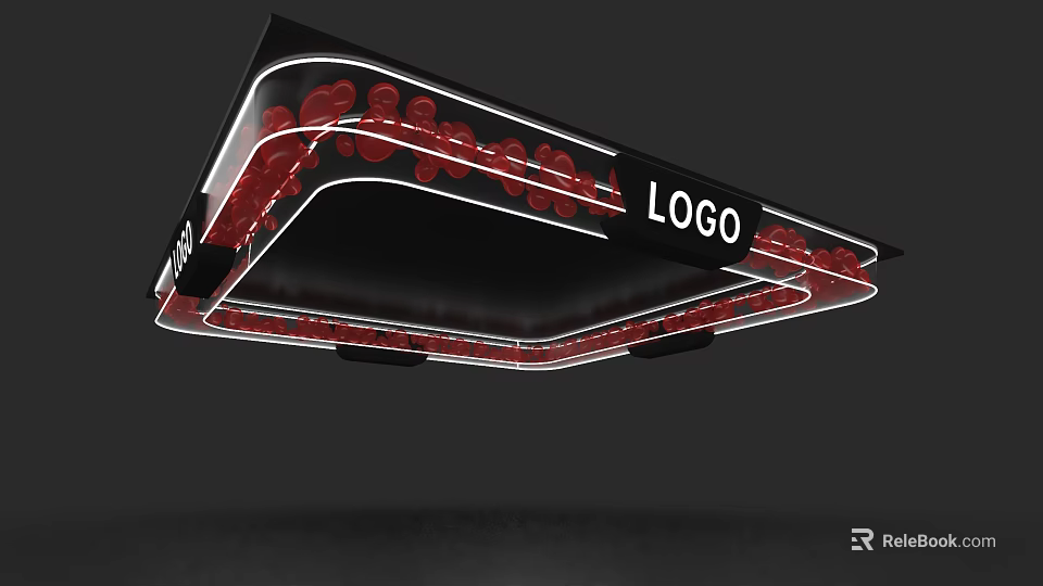 Modern Exhibition Hall Ceiling Design With Black Frame Red Accents And LOGO Lighting 3d model 