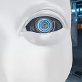 Futuristic Interior With Humanoid Robot Blue And White Illuminated Lights Circular Ceiling Structures Control Consoles
