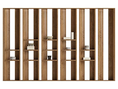 Wooden Shelf Unit with Vertical Slats and Multiple Storage Shelves for Decorative Items 3d model