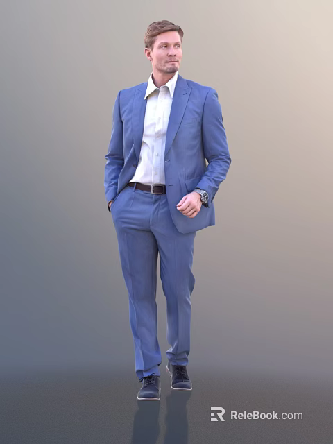 Man Wearing Blue Suit White Shirt Brown Belt Wristwatch Standing Pose 3d model 