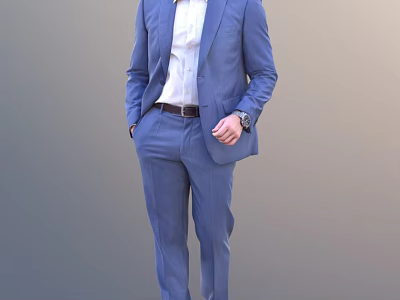 Man Wearing Blue Suit White Shirt Brown Belt Wristwatch Standing Pose 3d model