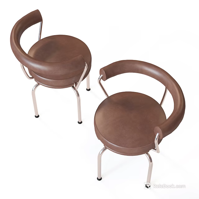 Two Brown Leather Leisure Chairs With Modern Round Backrest And Silver Metal Frame 3d model 