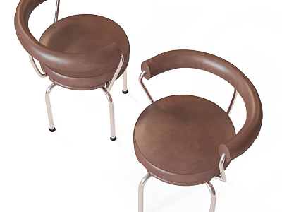 Two Brown Leather Leisure Chairs With Modern Round Backrest And Silver Metal Frame 3d model