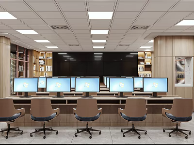 Modern Control Room Interior With Multiple Computer Monitors Ergonomic Chairs Bookshelves And Ceiling Lights 3d model