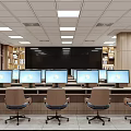 Modern Control Room Interior With Multiple Computer Monitors Ergonomic Chairs Bookshelves And Ceiling Lights 3d model