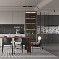 Modern Restaurant Kitchen with White Cabinets Black Countertop Red Dining Table and Chairs