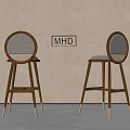 Set Of Two Modern Wooden Bar Stools With Round Woven Backrest And Footrest