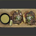 Fresh Authentic Tacos With Meat Onions Cilantro On Wooden Platter And Yellow Sauce Lemon Wedge