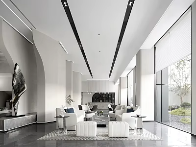 Modern Elegant Sales Office Lobby With White Sofas Floor to Ceiling Windows Sculpture and Greenery 3d model