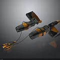 Spacecraft Components With Orange And Black Mechanical Design And Connected Parts