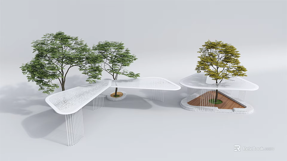 Modern Curved Pergola Design with White Structure Trees and Wooden Floor in Landscape 3d model 